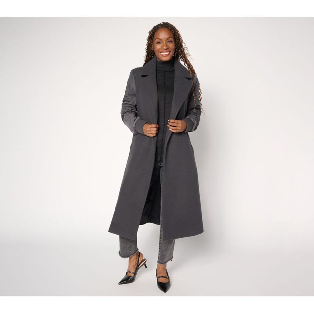 Liberare Women's Petite Jacket PM Ruched Sleeve Long Coat Gray A704370